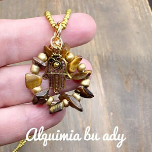 Tiger’s eye hamsa brass medallion short necklace handmade /bohemian/beaded